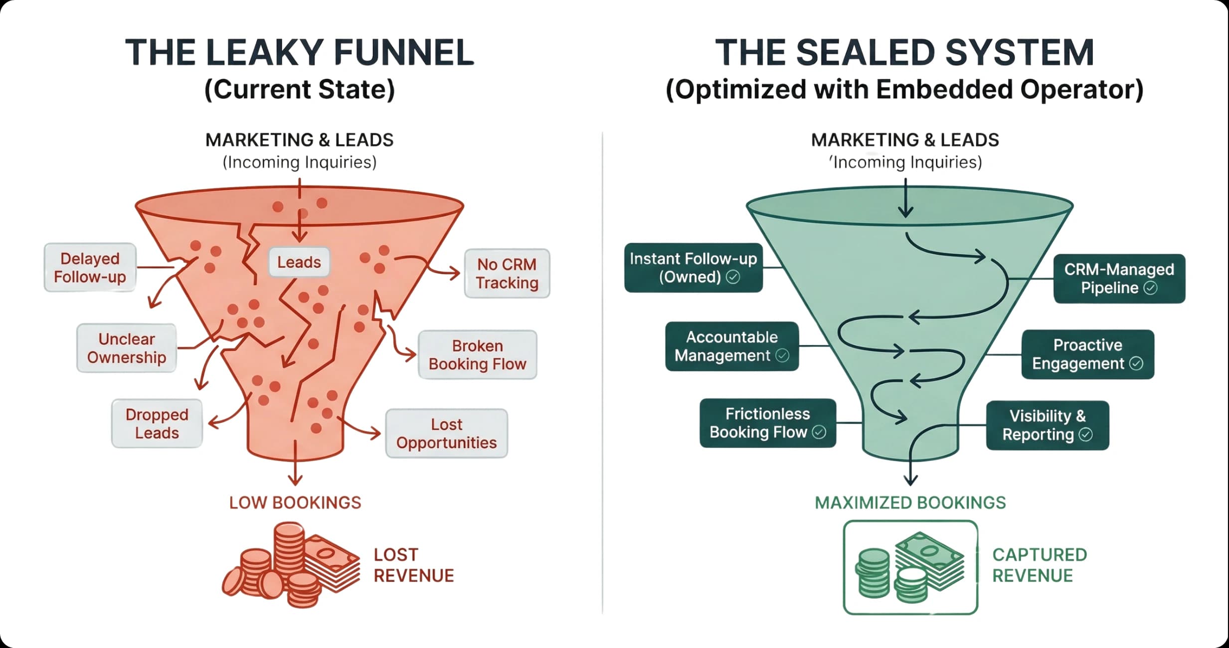 Leaky funnel versus sealed system comparison